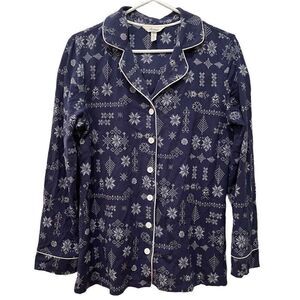 Soma Womens Sleep Shirt Pajama Top Blue Snowflake Sz M Long Sleeve Button